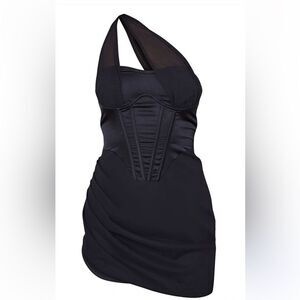 Black Satin Underwired Corset Mesh Strap Detail Bodycon Dress NWT